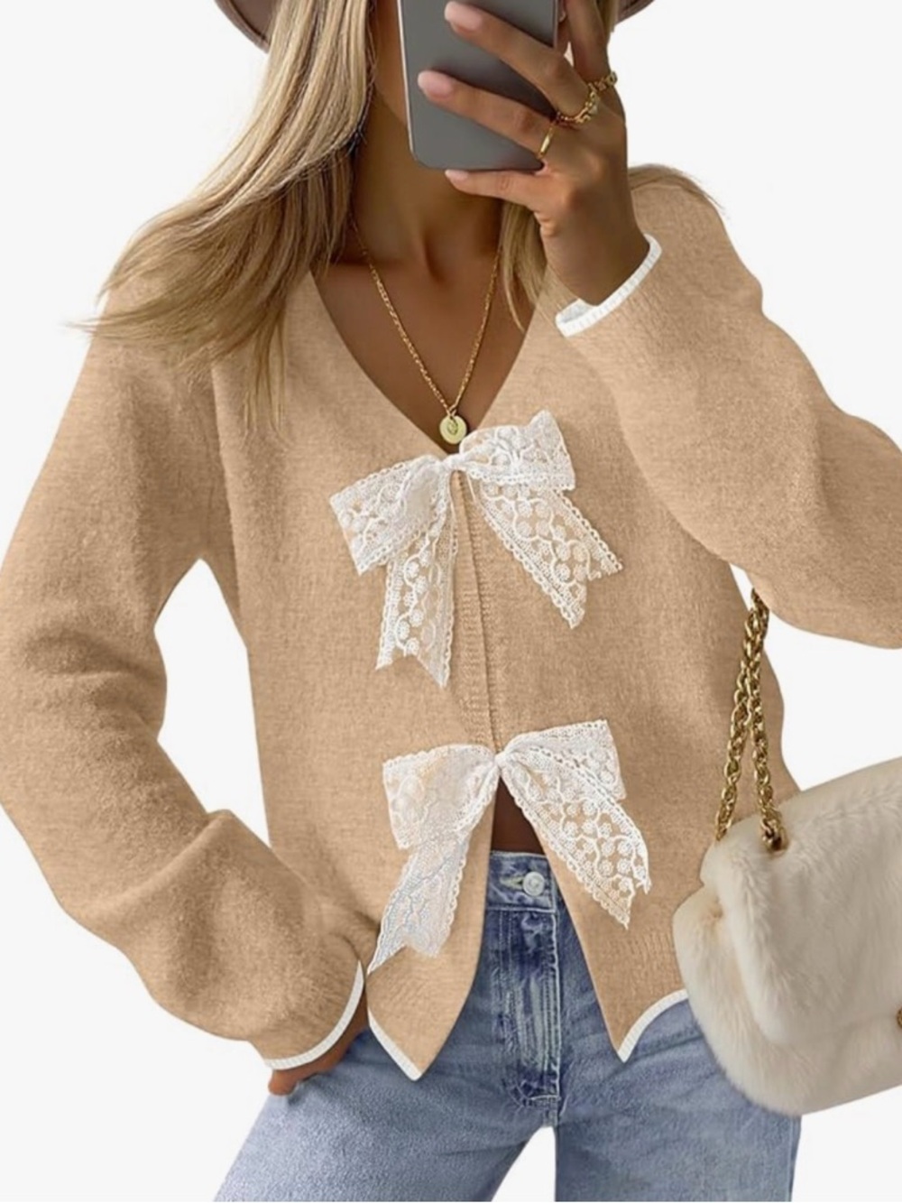 Women’s V-Neck Beige Bow Lace Sweater Cardigan
